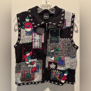 ERIKA Adorable Vintage Christmas Holiday Patchwork Sweater Vest Snowman Design